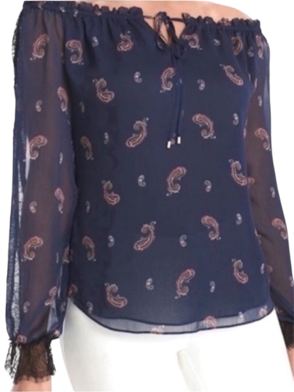 WHBM Off the Shoulder Chiffon Blouse Paisley Lace Long Sleeve Blue Black Size XS